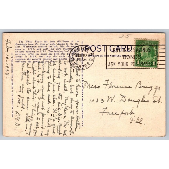 Postcard Washington D. C. White House At Night Moonlight Linen Posted 1938 Flag - Picture 2 of 2